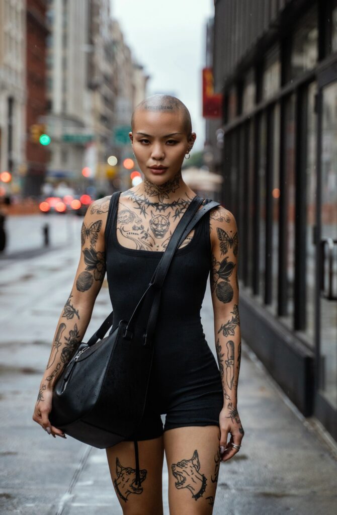 Street portrait of a young, beautiful bald woman with many tattoos